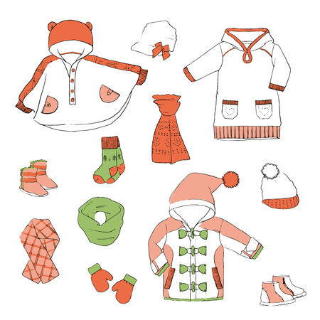 handdraw winter coats and hatsのイラスト素材