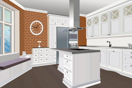 Kitchen interior background with furniture. Design of modern kitchen. Symbol furniture. Kitchen illustration.のイラスト素材