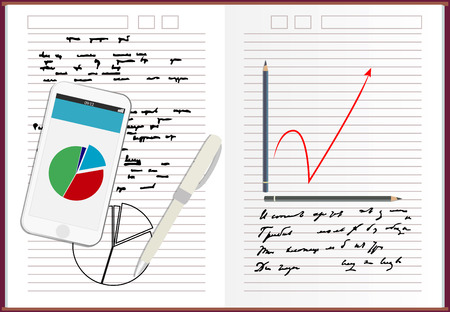 Notebook paper, With drawing business strategy plan concept idea, Mobile phone news template on screen. Vector illustration.のイラスト素材