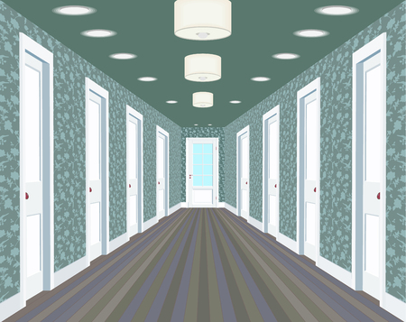 Long corridor with rows of closed doors. Concept of an infinite opportunity for success and toughness of choice. 3d rendering.のイラスト素材