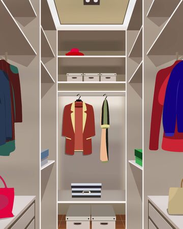 Interior dressing room.Wardrobe illustration. Boxes, clothes, bags and hat.の写真素材