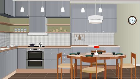 Kitchen interior background with furniture. Design of modern kitchen. Kitchen illustrationの写真素材