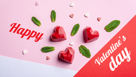 Greeting card with Valentine's Day. Handmade chocolate sweets pastry with strawberry filling, on a tap, rose and white background. Top view, copy spaceの写真素材