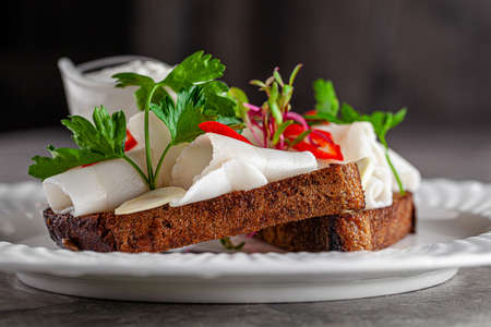 Ukrainian cuisine in the European style. Salted fat on black bread Snack for borscht soup. Beautiful serving dish in a restaurant on a white plate. background image copy space textの写真素材
