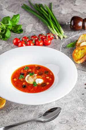 Ukrainian cuisine in European style. Solyanka soup with assorted sausages and meat. Beautiful serving dish in a restaurant in a white plate. background image, copy space textの写真素材