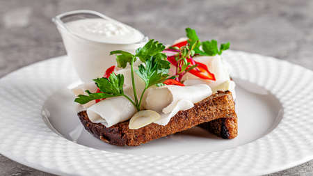 Ukrainian cuisine in the European style. Salted fat on black bread Snack for borscht soup. Beautiful serving dish in a restaurant on a white plate. background image copy space textの写真素材