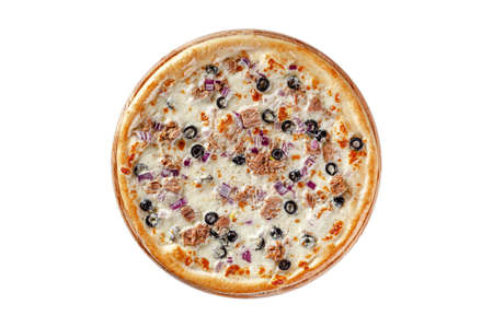 Italian cuisine. Round thin pizza on a wooden board, on a white background. Image is isolated. Top view.の写真素材