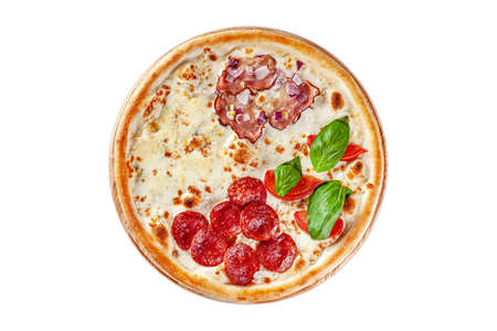 Italian cuisine. Round thin pizza on a wooden board, on a white background. Image is isolated. Top view.の写真素材