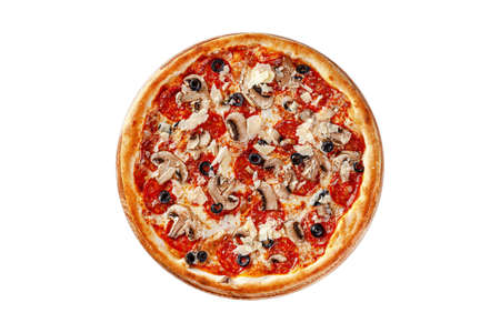 Italian cuisine. Round thin pizza on a wooden board, on a white background. Image is isolated. Top view.の写真素材