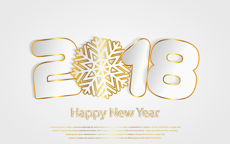 Happy New Year 2018 background with paper cuttings. Numbers 1, 2, 8 and snowflake cut from paper for holiday greeting card, invitation, calendar poster, banner. Vector Illustration with gold sparkling texture.のイラスト素材