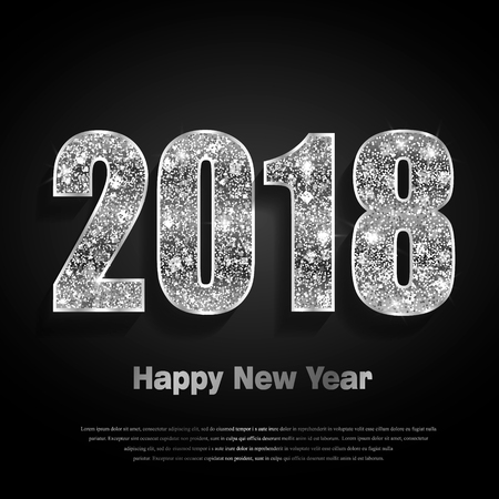 Happy New Year 2018. Background with silver sparkling texture. Glitter Numbers 0, 1, 2, 8. Vector Illustration for holiday greeting card, invitation, calendar poster bannerのイラスト素材