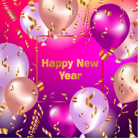 Happy New Year celebration background with gold balloon and confetti.Vector Illustration for holiday greeting card, invitation, calendar poster. Party banner with air balloons and serpentine.のイラスト素材