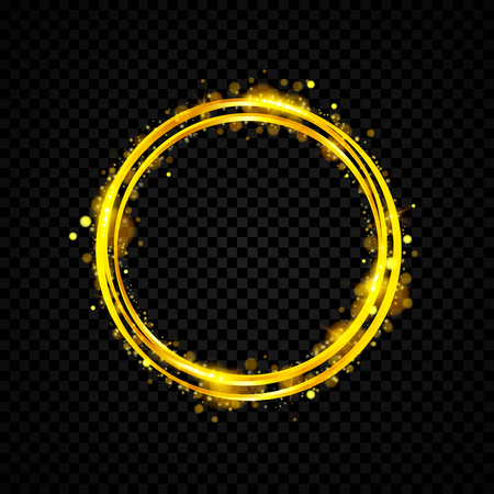 Gold shining round banner. Golden circle. Lights effects. Sparkle ring frame. Isolated on black transparent background. Vector illustrationのイラスト素材