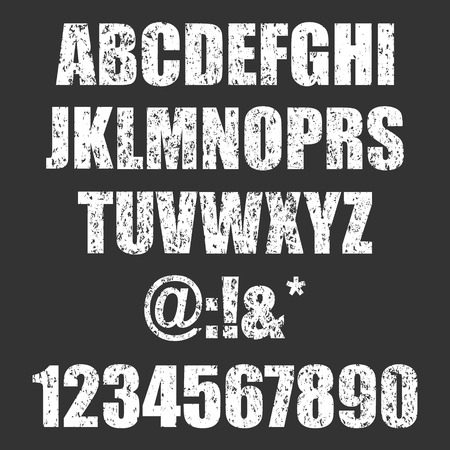 Vector stamp all Letters and numbers. Grunge texture. Vintage elements. Vector illustration. Dirty Letter Font. Distress alphabet. Hipster design number.のイラスト素材