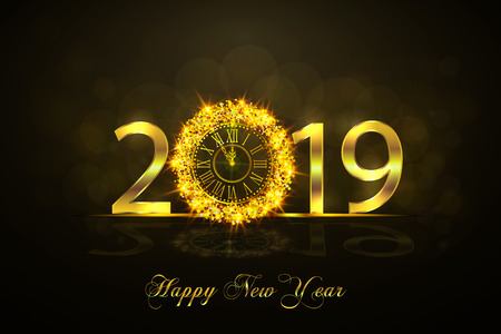 Happy New Year 2019. Background with golden sparkling texture. Gold Numbers 1, 2, 9 with golden clock.. Vector Illustration for holiday greeting card, invitation, calendar poster bannerのイラスト素材