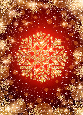 Snow frost effect on red background. Scatter falling round particles and snowflakes. Holiday Christmas club poster. Party New Year design banner. Vector gold glitter snowflake with lights effects.のイラスト素材