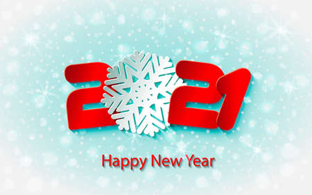 Happy New Year 2021. Numbers 2, 1, 21 and snowflake cut from paper for holiday card, invitation, calendar poster, banner. Vector Illustration. snow falls. Frost effect.のイラスト素材