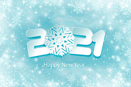 Happy New Year 2021. Numbers 2, 1, 21 and snowflake cut from paper for holiday card, invitation,...