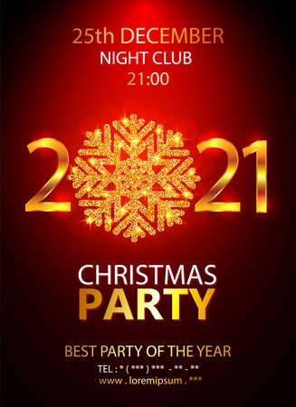 Holiday Christmas club poster. Party 2021 New Year design banner. Vector gold glitter luxury snowflake with lights effects.のイラスト素材