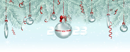 Postcard with silver Christmas tree toys on pine branches. A festive, falling red confetti. 2023...
