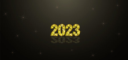 Happy New Year 2023. Background with golden sparkling texture. Gold Numbers 23, 2, 0, 3, 03. Light...