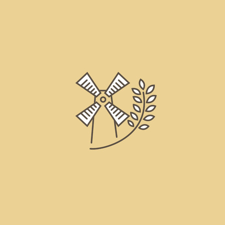 Illustration design of elegant line curve logotype bakery. Vector icon grain wheat and wind mill.のイラスト素材
