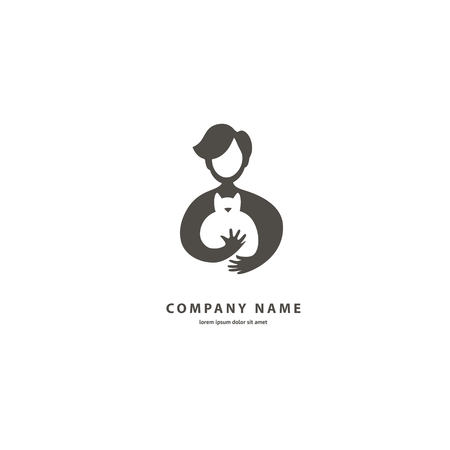 Illustration design outline, minimalist logotype for veterinary. Vector icon boy with cat.のイラスト素材