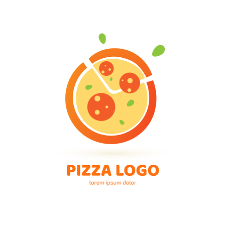 Illustration design of logotype pizza symbol. Vector pizza slice with cheese, salami, mushrooms, tomato and pepperoni.のイラスト素材