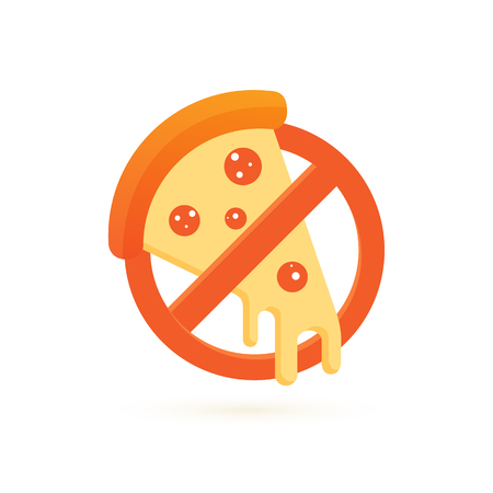 Illustration design of logotype anti pizza symbol. Vector pizza slice with cheese, salami, mushrooms, tomato and pepperoni.のイラスト素材