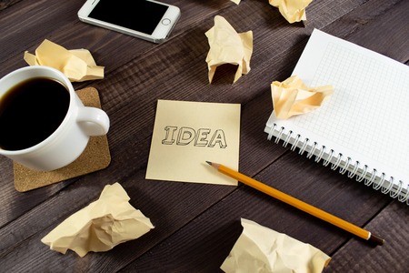 Flat lay, top view office table desk. Image Inspiration , ideas, brainstorm, teamwork. ?oncept for internet banners, marketing, promotion, business, startupの写真素材