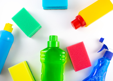 Image view above, flat lay detergent. The concept of Service for cleaning apartments and premises, cleanliness. Cleaning dust in the kitchen, on the floor. Various sanitation items, cleaning toolsの写真素材