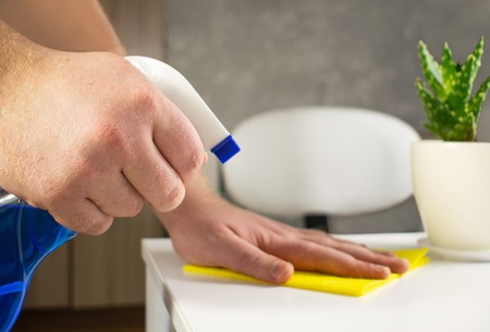 Image view above, flat lay detergent. The concept of Service for cleaning apartments and premises,...