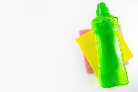 Image view above, flat lay detergent. The concept of Service for cleaning apartments and premises, cleanliness. Cleaning dust in the kitchen, on the floor. Various sanitation items, cleaning toolsの写真素材