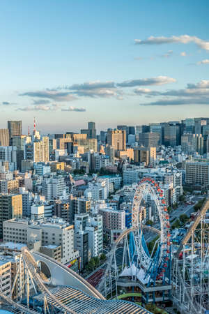 Ferris wheel of the amusement park seen from Korakuen, Bunkyo-ku, Tokyo and the night view of Tokyoのeditorial素材