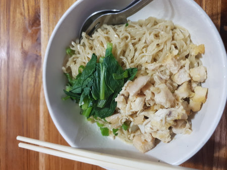 Chicken noodles with dumpling soup that is already cooked looks very delicious and tempting.の写真素材