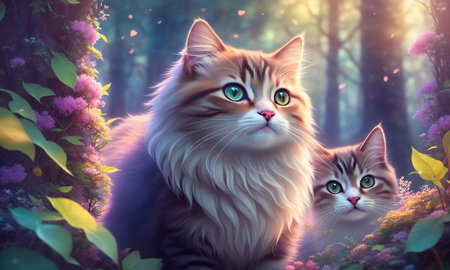 Cute cat and kitten in the forest at sunset. 3d renderingの素材