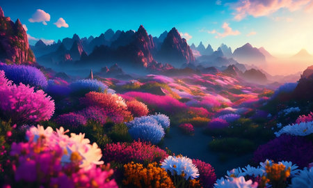 Beautiful fantasy landscape with flowers and mountains. 3D illustration.の素材