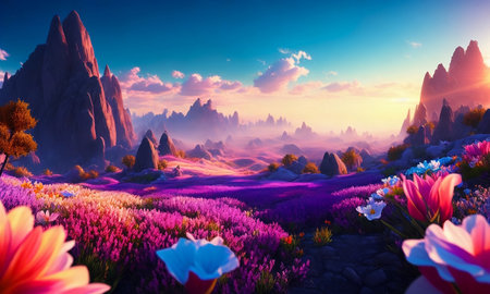 Fantasy fantasy landscape with flowers and mountains. 3d illustration.の素材