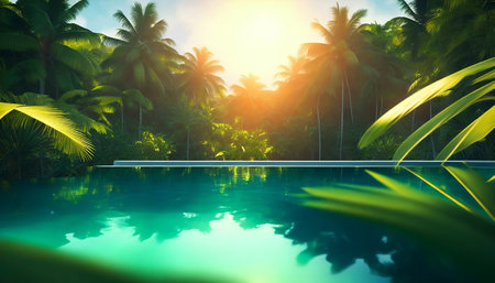 Swimming Pool And Palm Trees Under The Sunlight 3d Renderingの素材