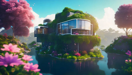 Illustration of a modern house with a beautiful garden. 3d renderingの素材