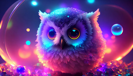 Cute owl with blue eyes on a background of multicolored lightsの素材