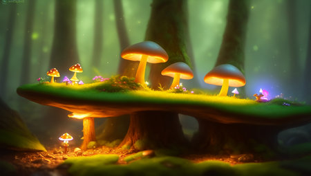 Fantasy mushroom in the forest. Fantasy forest. 3d renderingの素材