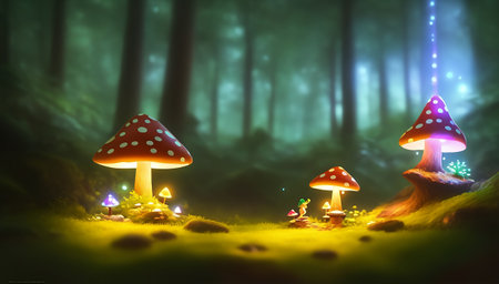 Fantasy mushroom in the forest at night. 3d rendering.の素材