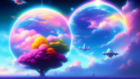 Fantasy landscape with planet, clouds and airplanes. Vector illustration.の素材