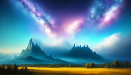 Fantasy landscape with mountain and colorful sky. 3d illustration.の素材
