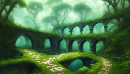 3D rendering of an old stone bridge in a fantasy forest.の素材