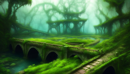 Fantasy landscape of fantasy forest and bridge. 3D Renderingの素材