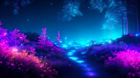 Fantasy forest with neon lights and fog. 3D illustration.の素材