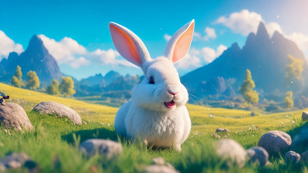 White rabbit on a green meadow against the background of mountains.の素材