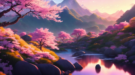 Mountain landscape with cherry blossoms and lake. 3D renderingの素材
